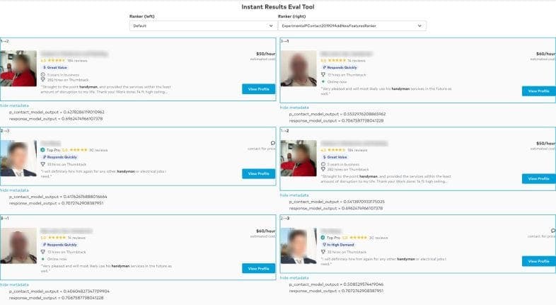 Screenshot of an evaluation tool ranking candidate profiles by relevance score