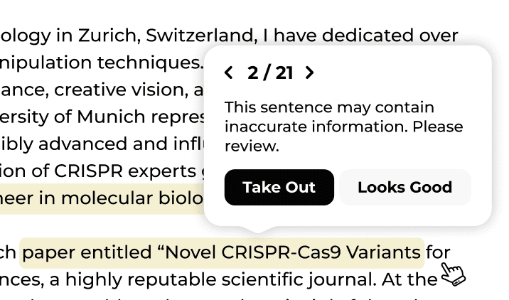 Screenshot of ALMA's AI tool reviewing a scientific document about CRISPR-Cas9